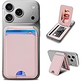 CORLAGOON Magnetic Phone Wallet With Makeup mirror ，4 Card Holder with Adjustable Stand,RFID-Blocking Magsafe Wallet for iPhone 17/16/15/14/13/12 Pro Max Air Series Cases (Pink)