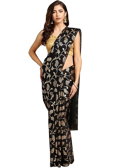 Womens Poly Georgette Black Foil Printed Saree