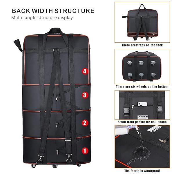 EXPANDABLE LARGE CAPACITY TRAVEL BAG OXFORD CLOTH DUFFEL BAG WITH WHEELS LIGHTWEIGHT WATERPROOF TRAVEL FOLDABLE SUITCASE(BLACK)