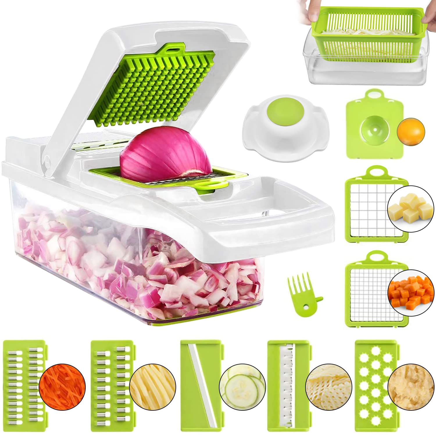 ADOV All in 1 Mandoline Slicer, Fruit and Vegetable Slicer, Multi Function Veg Cutter, Interchangeable Stainless Steel with Food Container, Hand Protector, Julienne Slice for Potato Onion (White)