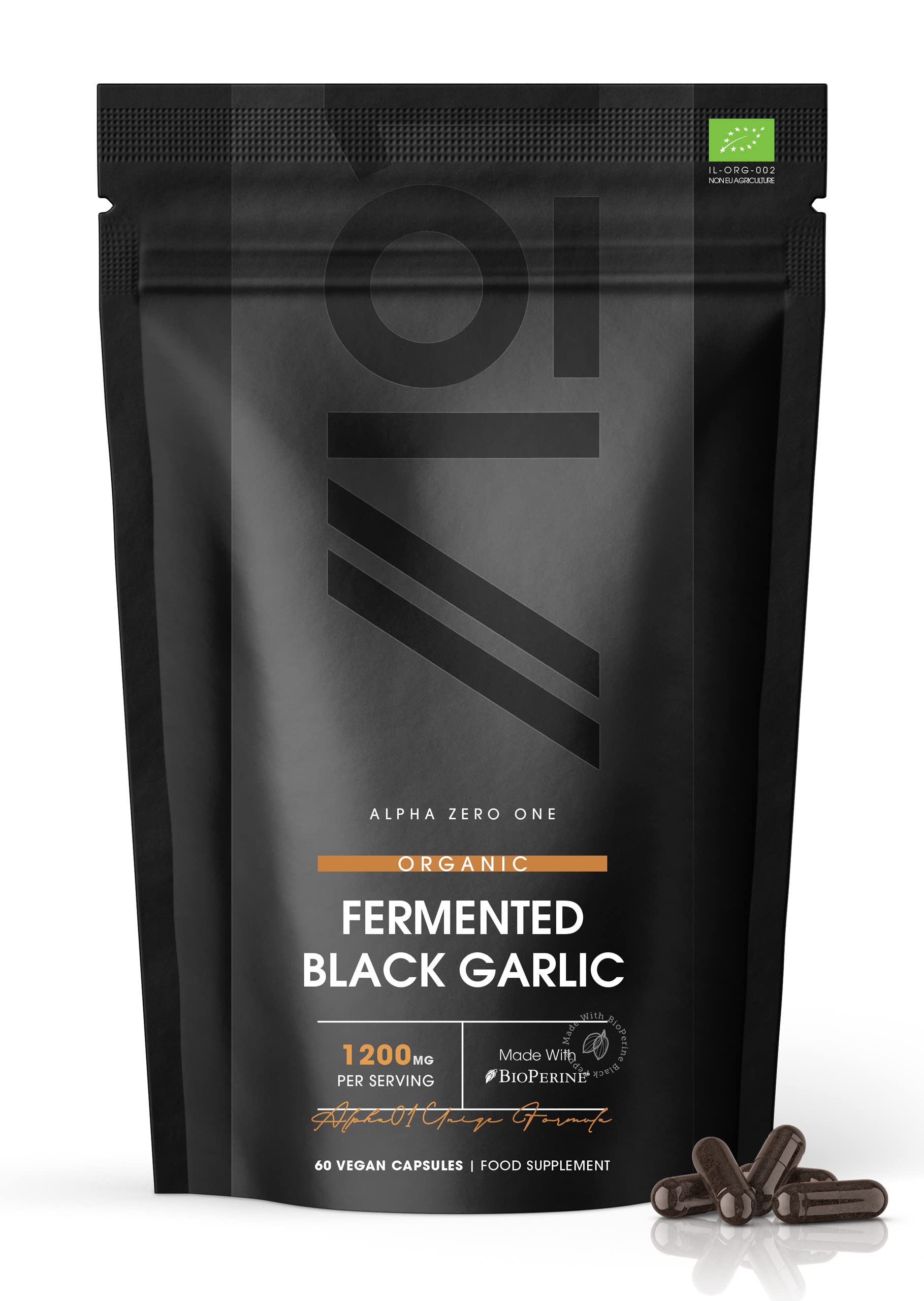 Organic Fermented Black Garlic with BioPerine® - 1200mg - 60 Capsules - Supports Heart Health - High Strength (1 Month Supply) by Alpha01