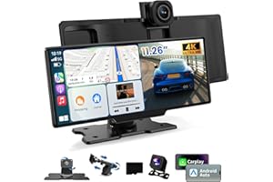 VERALADY Portable CarPlay Screen, 11.26 Inch 4K Car Play & Android Auto HD Touchscreen, Wireless Car Stereo with Dash Cam, G-Sensor/App Control/Backup Camera/Loop Recording/Mirror Link/GPS/FM for All Vehicles