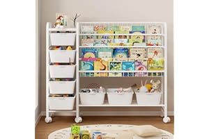 EXPERLAM Kids Bookshelf with Toy Storage Organizer, 48 Inch Large Metal Kids Book Rack with 8 Toy Storage Bins, 2-in-1 Toy and Book Organizer with Wheels, Book Shelf for Kids Room, Nursery, Playroom