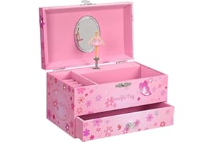 SONGMICS Ballerina Music Jewelry Box Storage Case with Drawer, Gift for Little Girls, 7.5”L x 4.3”W x 4.3”H, Pink