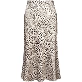 Soowalaoo Womens Leopard Print Skirt Midi Long Length Silk Satin High Waist Elastic Skirts