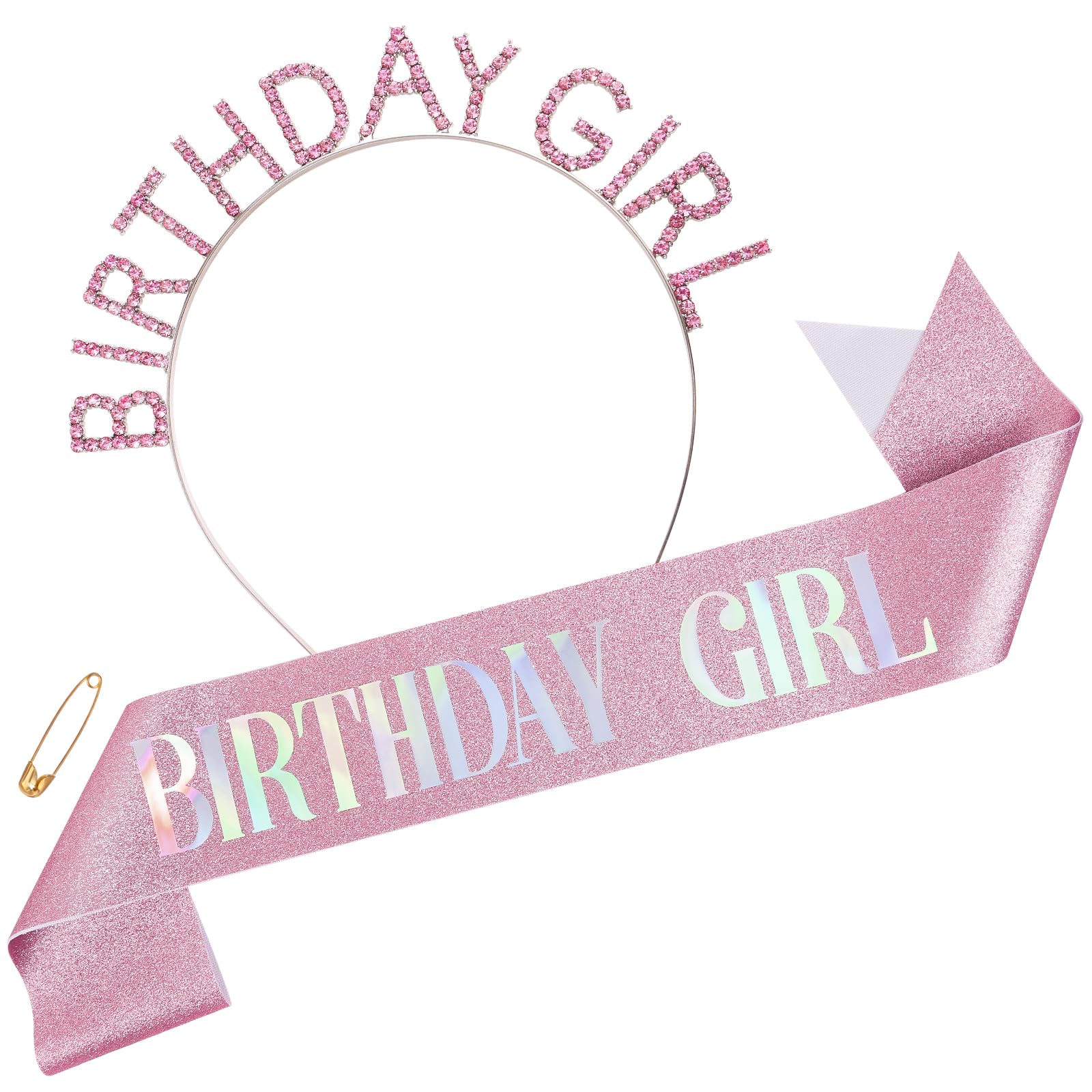 Goktvai Birthday Girl Sash and Headband Set, Birthday Sash for Women with Safety Pin Rhinestone Crown Headband Tiara Party Decorations Gift Supplies for Women Girl Adult (Iridescent Pink) — image 1