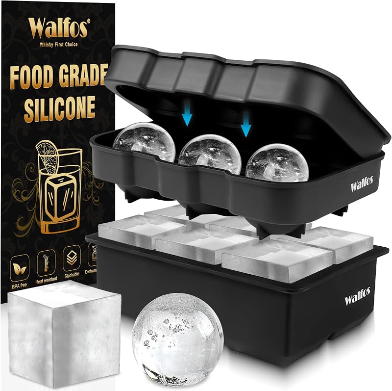 Walfos Silicone Ice Cube Moulds Set Large Square & Sphere Ice Ball