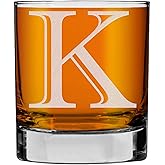 Etched Monogram 11oz Whiskey Rocks Glass (Letter K), A-Z Customized Bourbon Gifts for Men, Father’s Day, Personalized Old Fashioned Scotch Glass, Custom Engraved Gifts for Him, Initial, Name