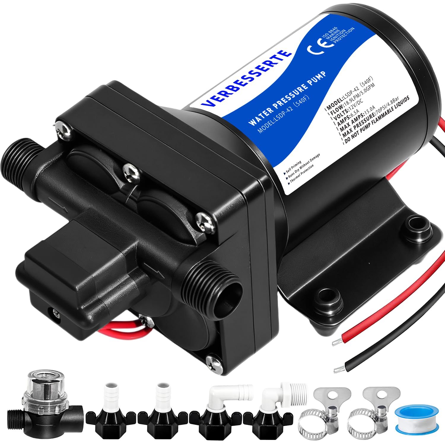 Photo 1 of 12V DC RV Fresh Water Transfer Pump for House,5.0GPM 70PSI On Demand Diaphragm Booster Pump for Boat,4 Chamber Self Priming Camper Water Pump with Strainer Filter for Marine Yacht Irrigation Garden