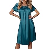 Ekouaer Women's Satin Silk Pleated Nightgown Loose Sleepwear Printed Nightshirt Short Sleeve Sleep Dress