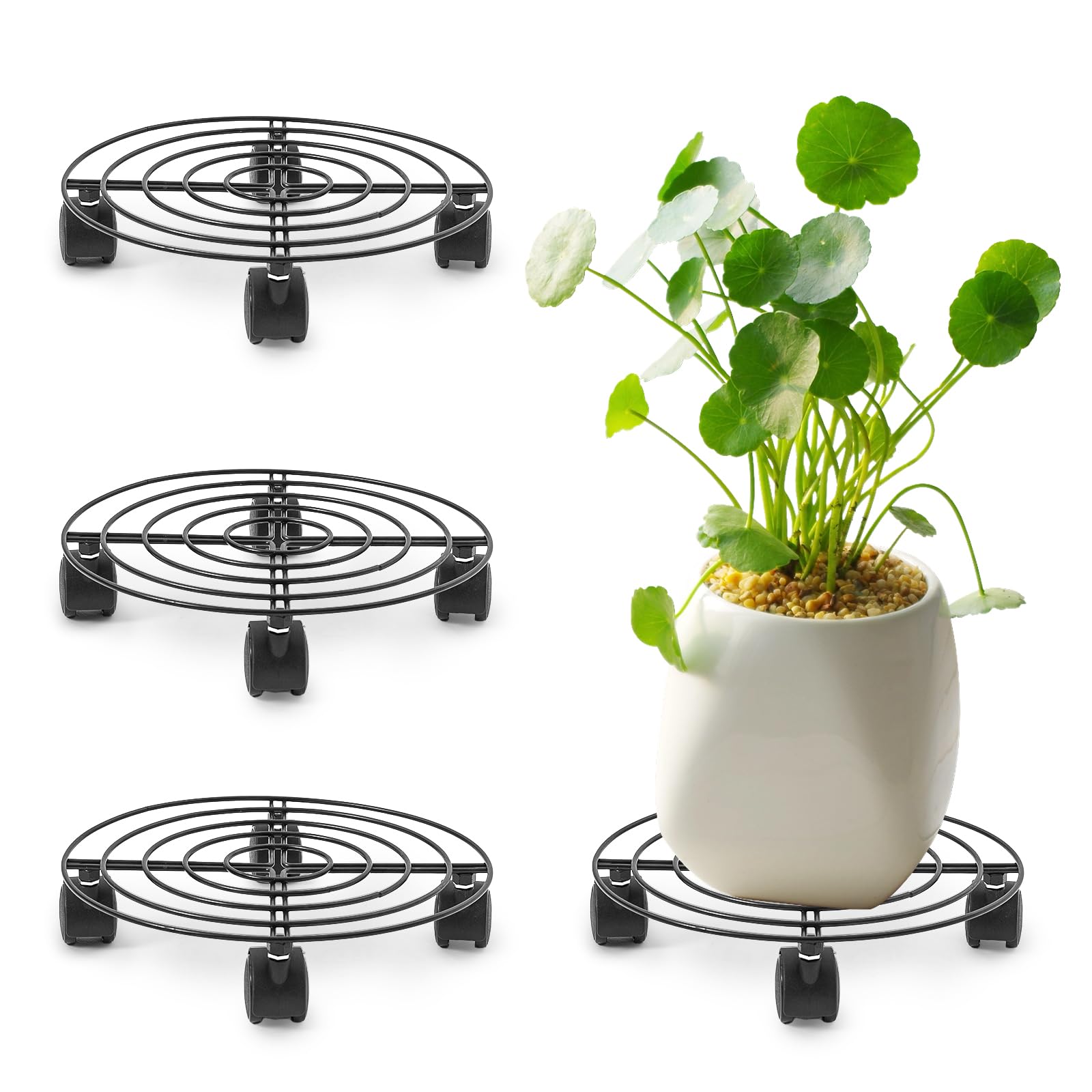 The Fellie 4 PCS Plant Caddy With Wheels Plant Pot Stand, Outdoor Metal Potted Trolley, Garden Rolling Plant Dolly With Casters, 27Cm Round Movable Roller Base For Indoor, Outdoor, Home And Patio