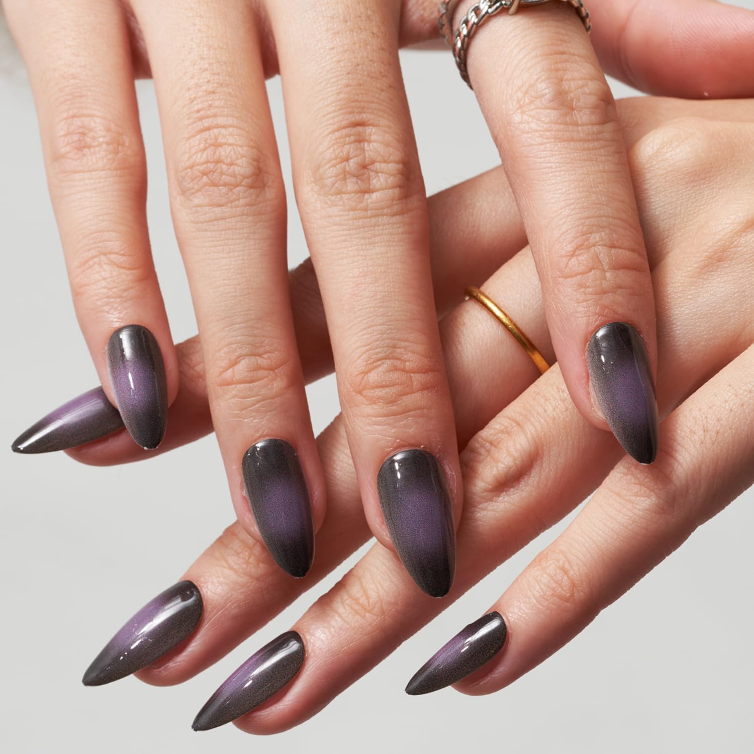 GLAMERMAID Black Pink Ombre Press on Nails Medium Almond, Purple Aurora Fake Crush Nails, Stiletto Fake Nails, Short Oval Stick Glue on Nails Tips for Women, Reusable Acrylic False Nail Kits - Image 8