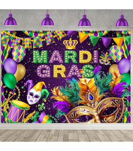 Renaiss 7x7ft Mardi Gras Round Backdrop Cover Carnival Masquerade Circle Photography Background Mystic Venetian Mask Dress-Up Prom Carnival Ball Rave Birthday Party Decors Arch Photo Booth Props