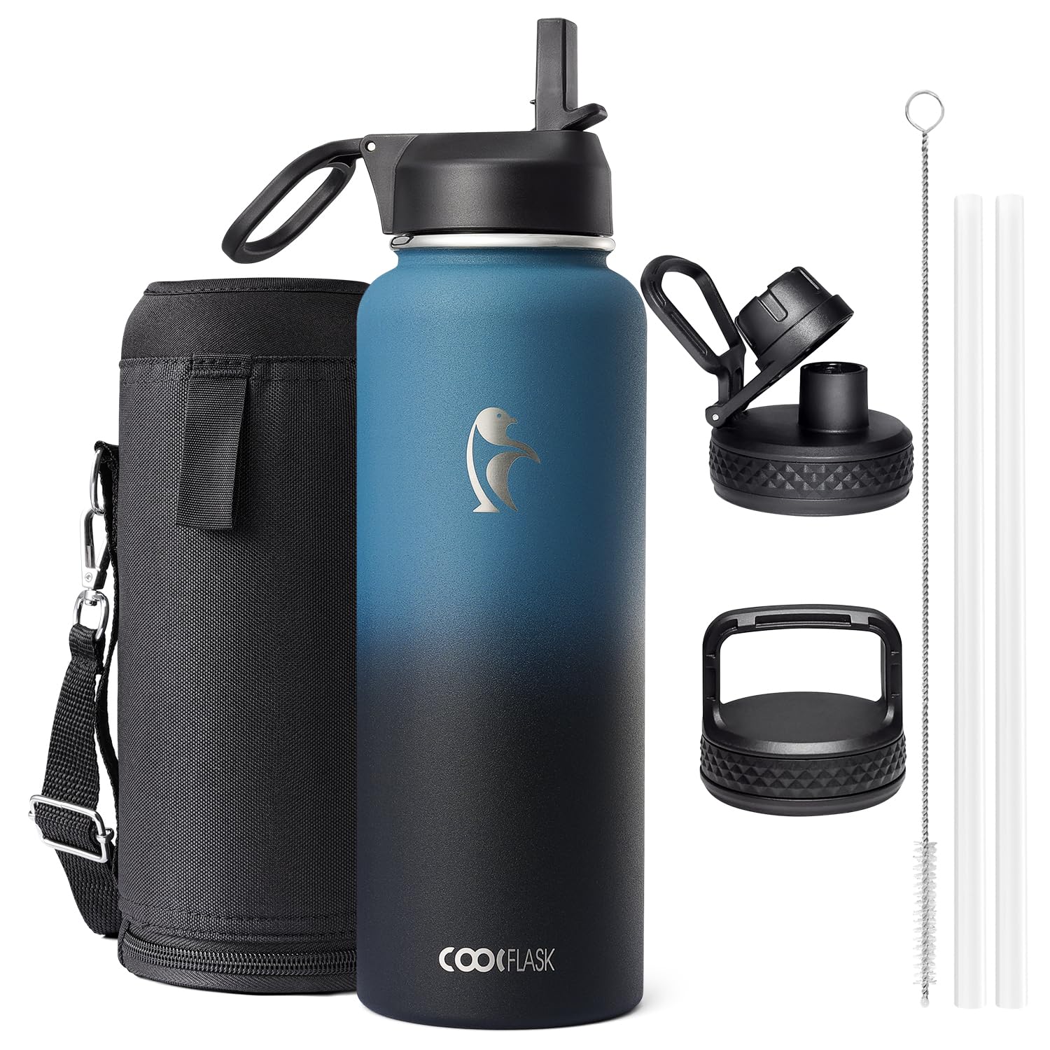 Coolflask 1180ml Insulated Water Bottle with Straw & 3 Lids, Metal Water Bottle for Sports or Office, Double Vacuum Leak Proof Cold and Hot Water Bottle, Easy to Clean, Indigo Black