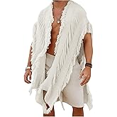 Verdusa Men's Knit Poncho Fringe Loose Cardigan Cape Knit Shawl Wrap Beach Vacation Outfits