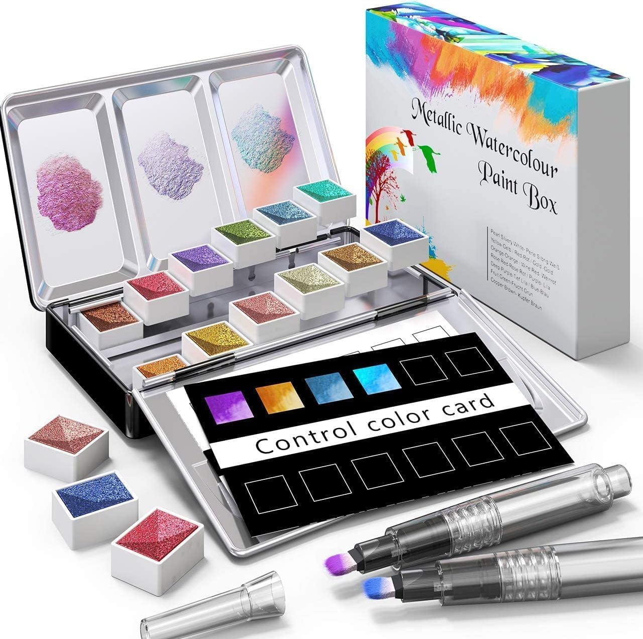 RATEL Metallic Watercolour Paint Set, Premium Glitter Watercolour Solid Paint Box Including 12 Metallic Colors Solid Pigment+2 Painting Brush+1 Color Card, Soluble and Mix Well