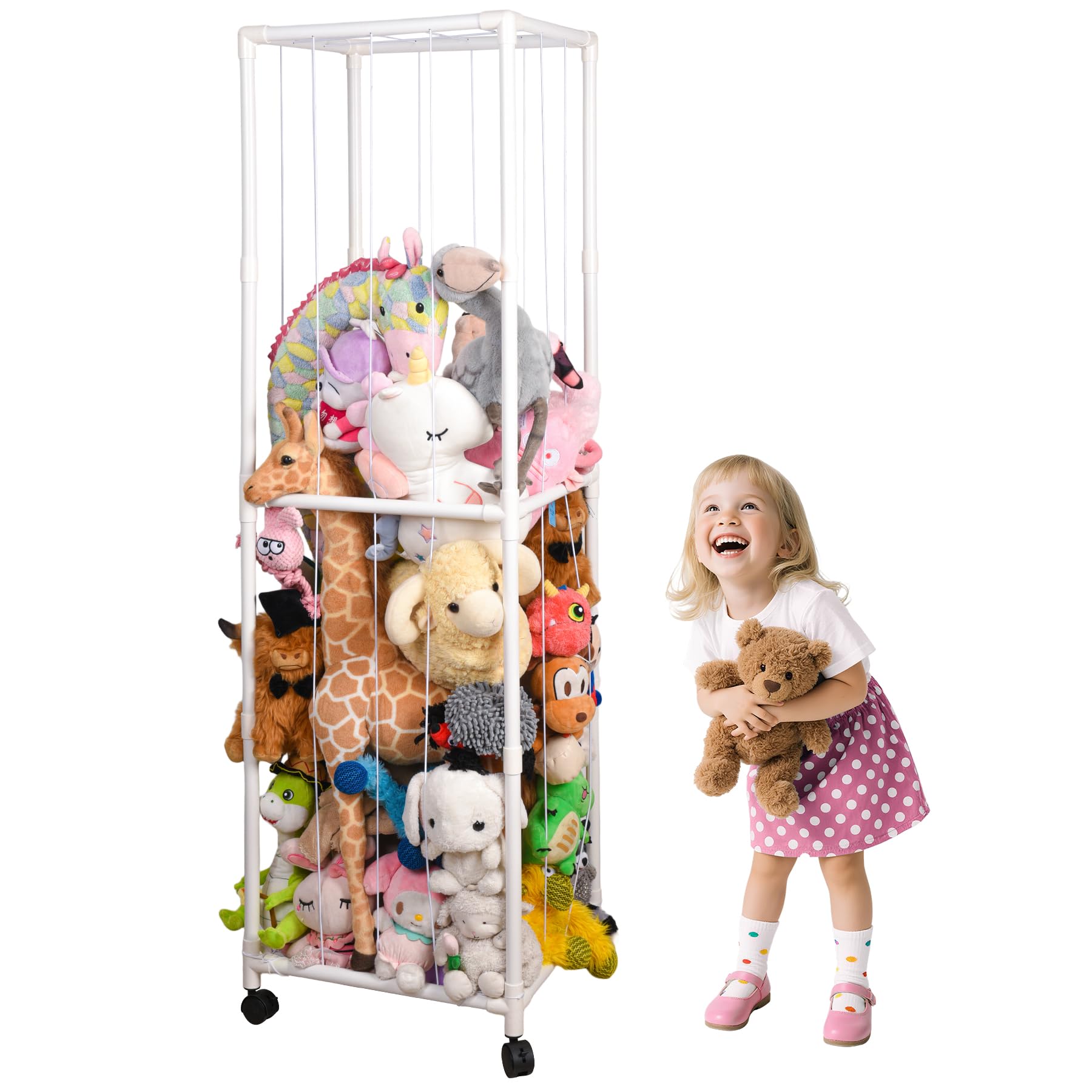 Photo 1 of Stuffed Animal Storage Zoo with Wheels, Large Plush Toy Organizer for Kids - Extra Wide PVC Stuffed Animal Holder with Elastic Cords & Mesh Net, Nursery Playroom Toy Cage for Boys Girls Toddlers