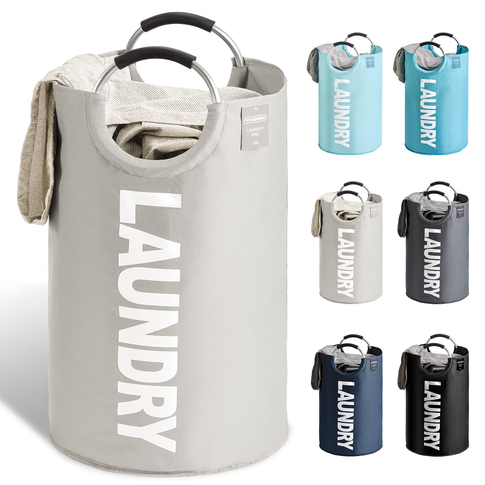 YOUDENOVA Laundry Basket Bag Collapsible 82L Washing Basket Fabric Foldable Large Laundry Hamper for Bedroom Light Grey