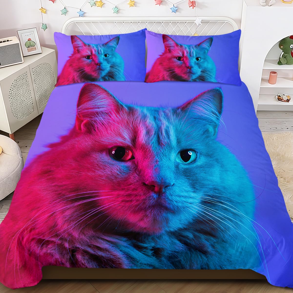 BlessLiving Colorful Cat Bedding for Girls, Cat Lover Comforter or Duvet Cover Sets for Kids Teens and Adults, Blue Purple & Red, 3 Piece Colorful Kitten Bed Set, Single Size