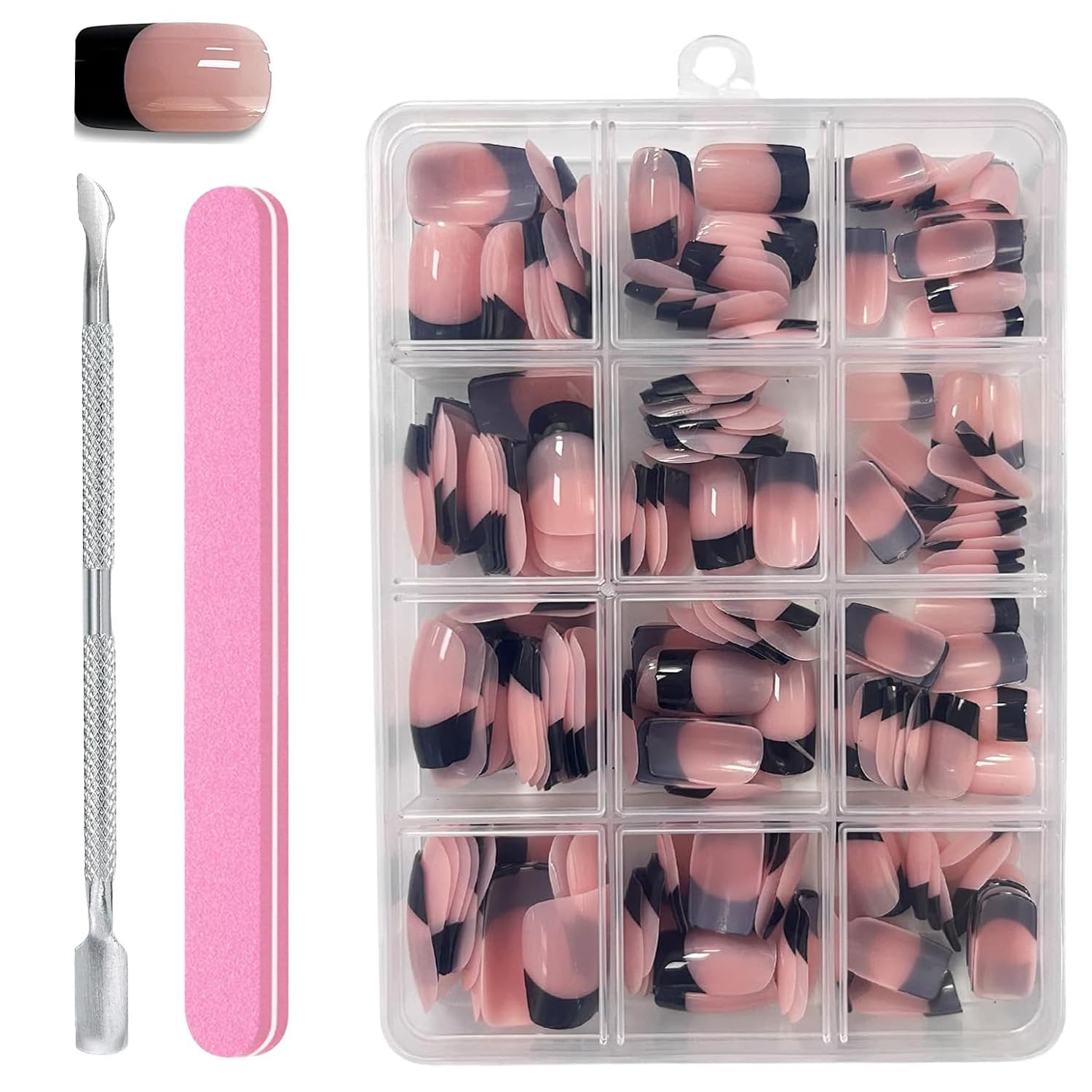 240 PCS Short French Tip False Nails Black Press On, Full Cover Stick On Nails Ballerina Nail Art With Nail-File, Cuticle Pusher For Salon DIY Decoration