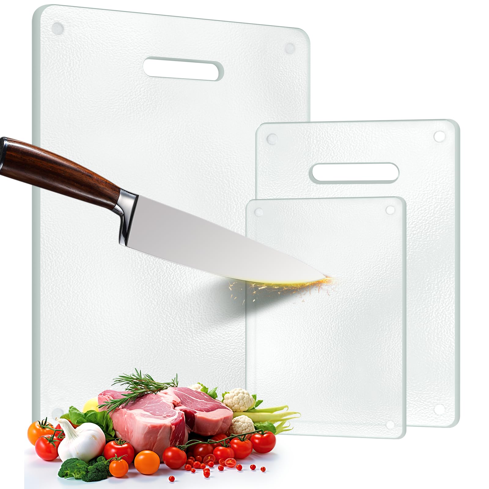 Photo 1 of 3 Pack Glass Cutting Boards for Kitchen Counter, Clear Tempered Glass Cutting Board Set with Handle (16"x12" & 12"x8" & 9"x6"), Scratch Resistant, Dishwasher Safe, Non-toxic, Easy to Clean