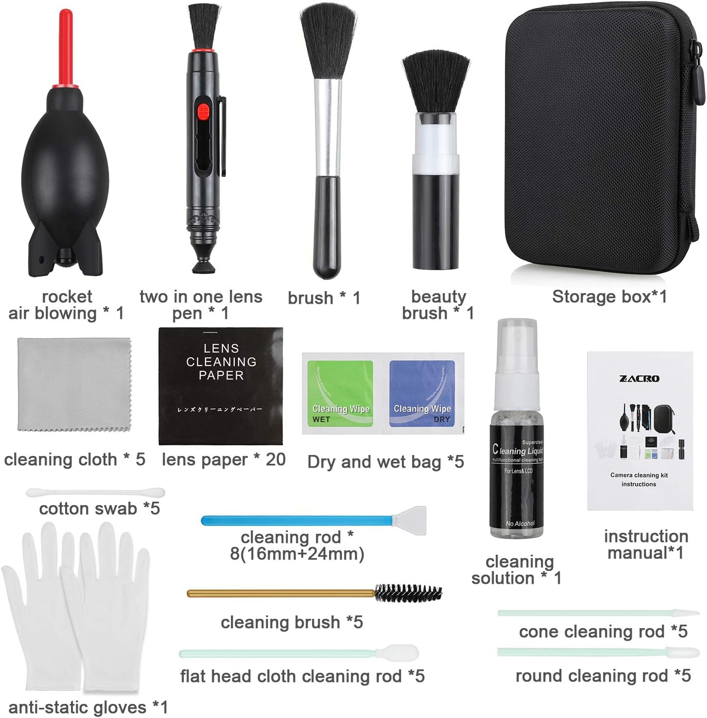 17-in-1 Camera Cleaning Kit for DSLR Cameras with Air Blower, Cleaning Pen, Detergent, Cleaning Cloth, Lens Brush, Carry Case - Image 3