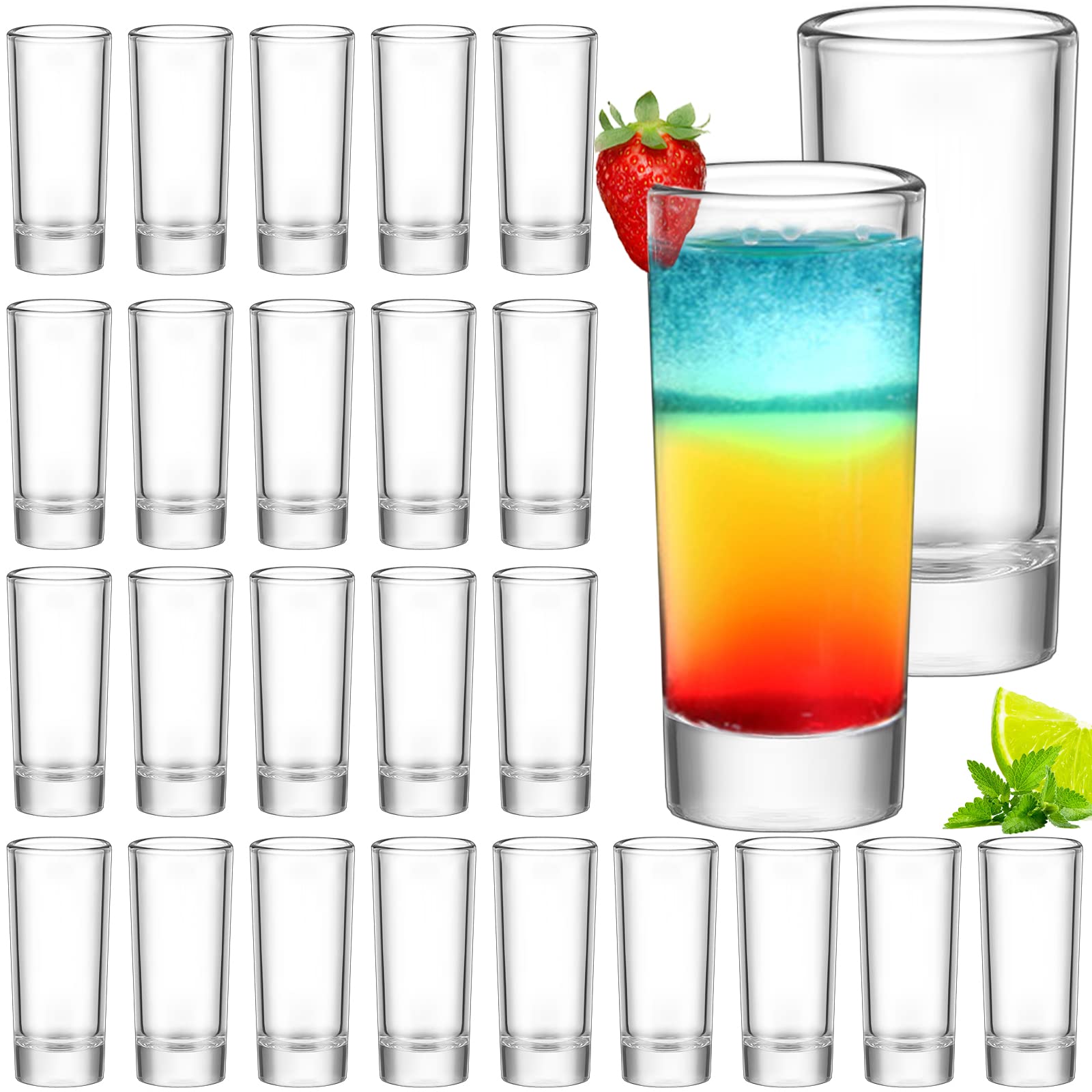 Shot Glasses 2oz/60ml Tall Glass Shot Glasses Set of 24 Clear Spirit Heavy Base Round Rock Bulk Reusable Cups for Vodka Cocktail Liqueurs Tequila Party Glassware