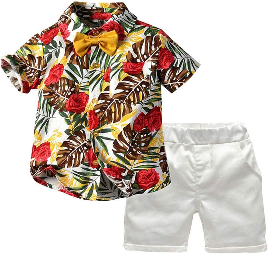 Toddler Baby Boy Short Sleeve Bow Tie Gentleman Floral Beach T Shirt Tops+Solid Shorts Summer Clothes Outfits
