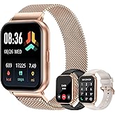 Smart Watches for Women Men (Answer/Make Calls, 3 Bands), 1.85" Fitness Tracker Watch for iPhone/Android Phones with Heart Rate Monitor Sleep/Steps Tracker 100+ Sports Pedometer Waterproof Gold