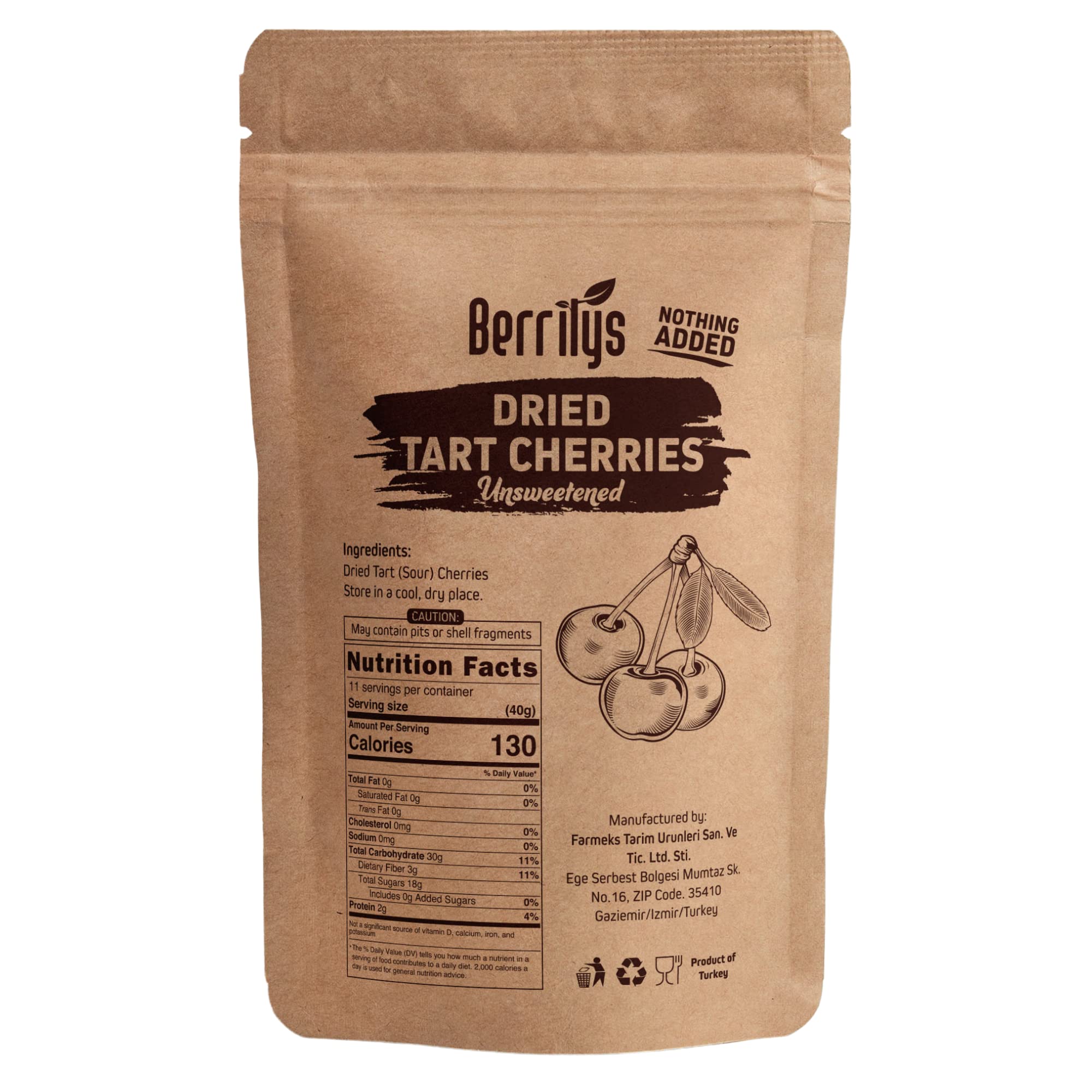 Dried Cherries, Unsweetened, Tart, Berrilys,16 oz, Pitted, Kosher