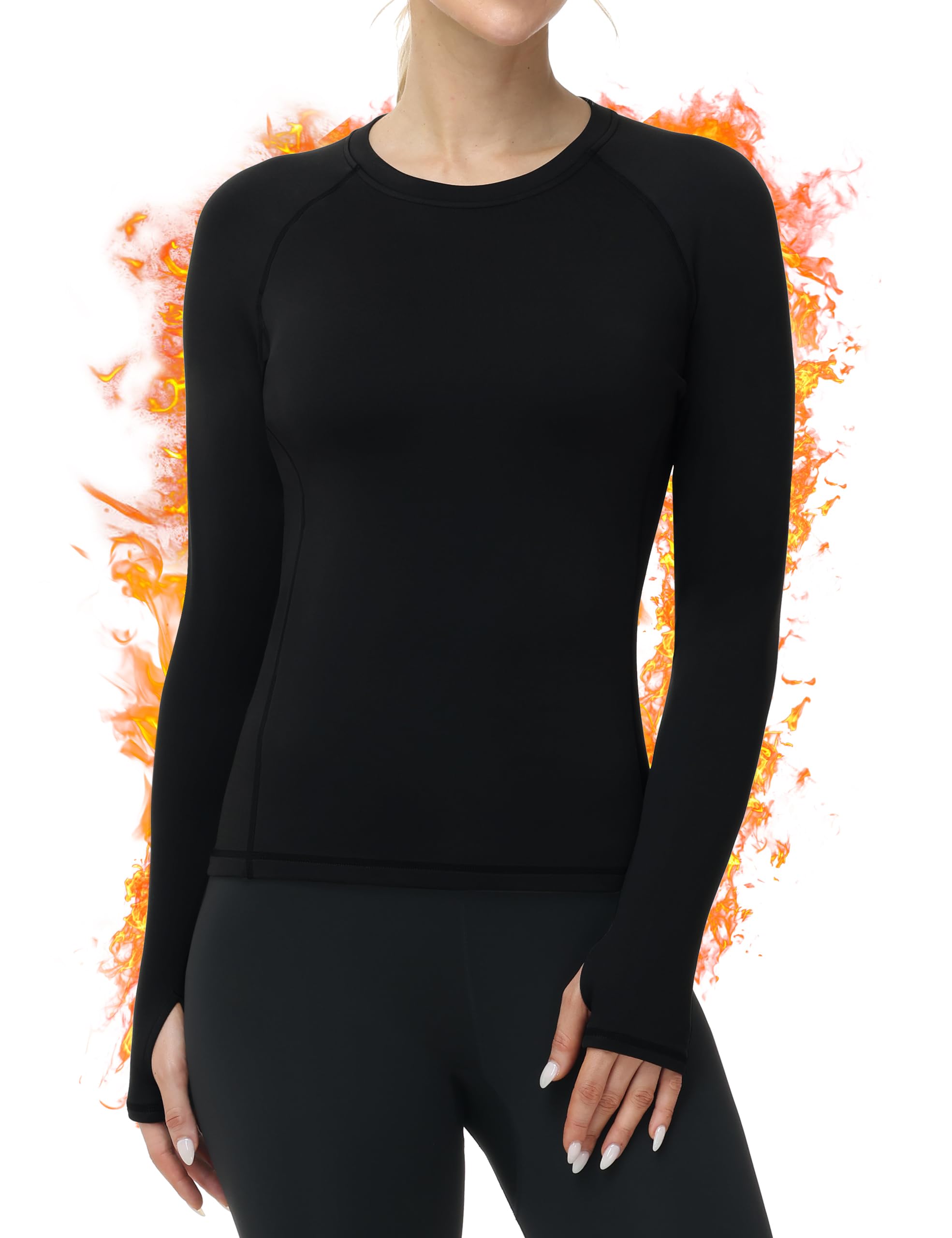 Photo 1 of Roadbox Women Thermal Shirts, Warm Long Sleeve Fleece Lined Underwear Tops, Winter Ski Workout Base Layer for Cold Weather Black