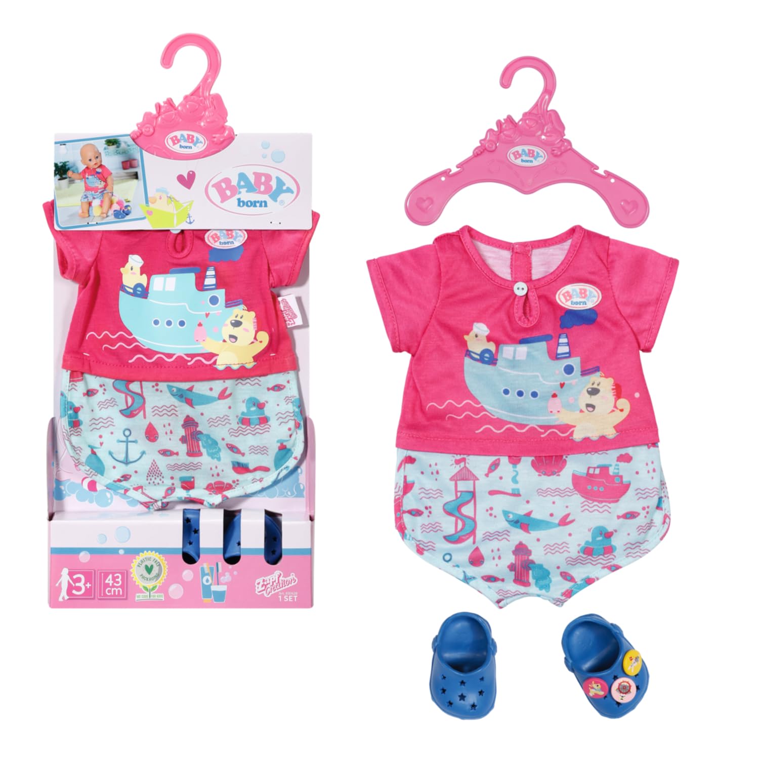 BABY born Bath Pyjamas with Shoes 43cm - For Toddlers 3 Years & Up - Easy for Small Hands - Includes Onesie, Shoes & Hanger