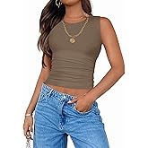 ZESICA Womens Summer Tank Tops 2026 Sleeveless Crewneck Knit Slim Fitted Side Ruched Casual Basic Shirt