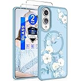 Yucenx for Samsung Galaxy S25 Edge Floral Phone Case with 2X Screen Protector, Military Grade Magnetic Translucent Matte Girls Women Flower Pattern Protective Cover for Galaxy S25 Edge (Blue)