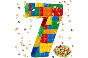 RoundFunny Number 7 Building Blocks Piñata 16.5 Inch Party Supplies 7th Birthday Party Decorations Piñata with Confetti Blocks Theme Fiesta Anniversary Celebration