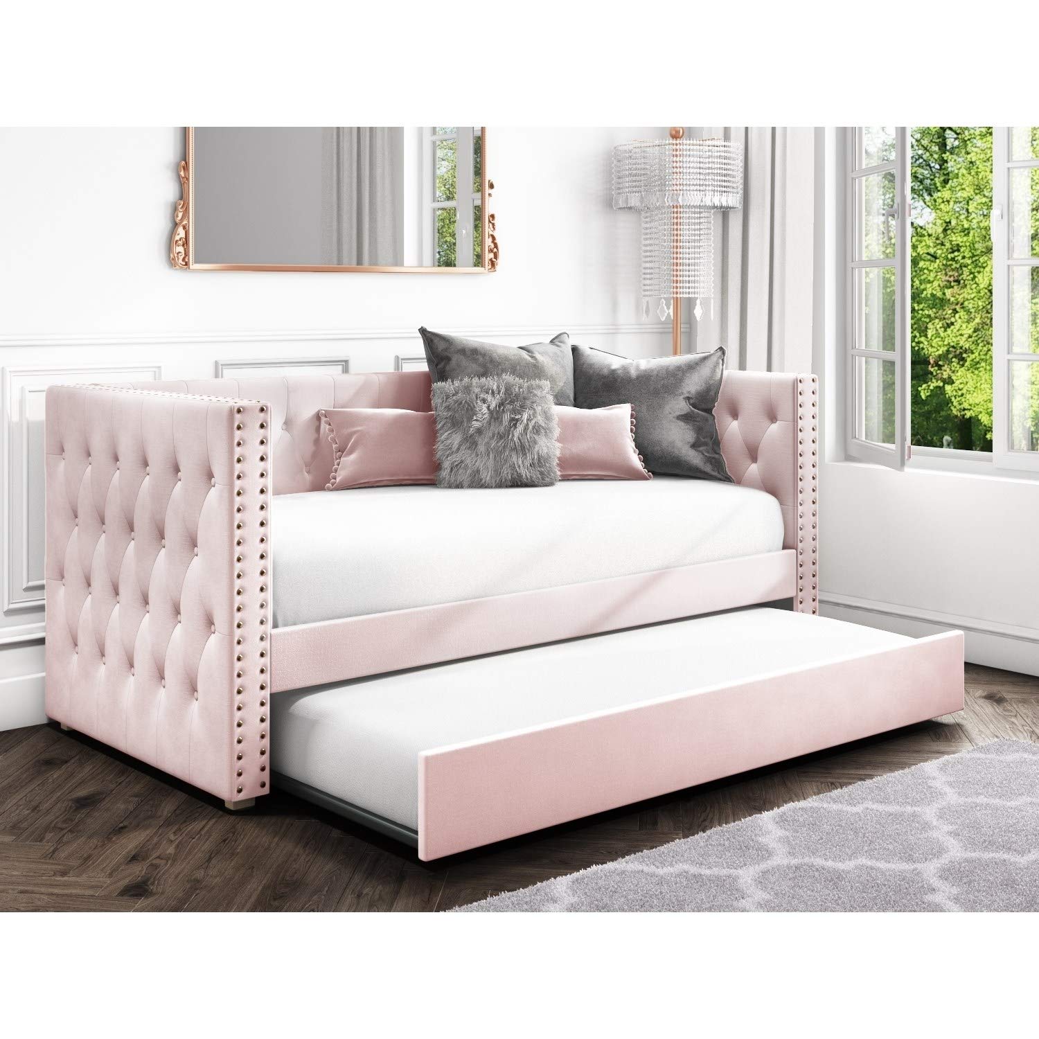 SACHA Velvet Day Bed in Baby Pink Trundle Bed Included Amazon.co.uk