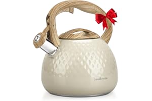Hauce Radio Tea Kettle Stovetop Teapot, 2.5 Quart Loud Whistle Food Grade Stainless Steel and Smooth Wood Pattern Handle, Sophisticated Look for Hiking, Picnic, for Tea, Coffee Milky White