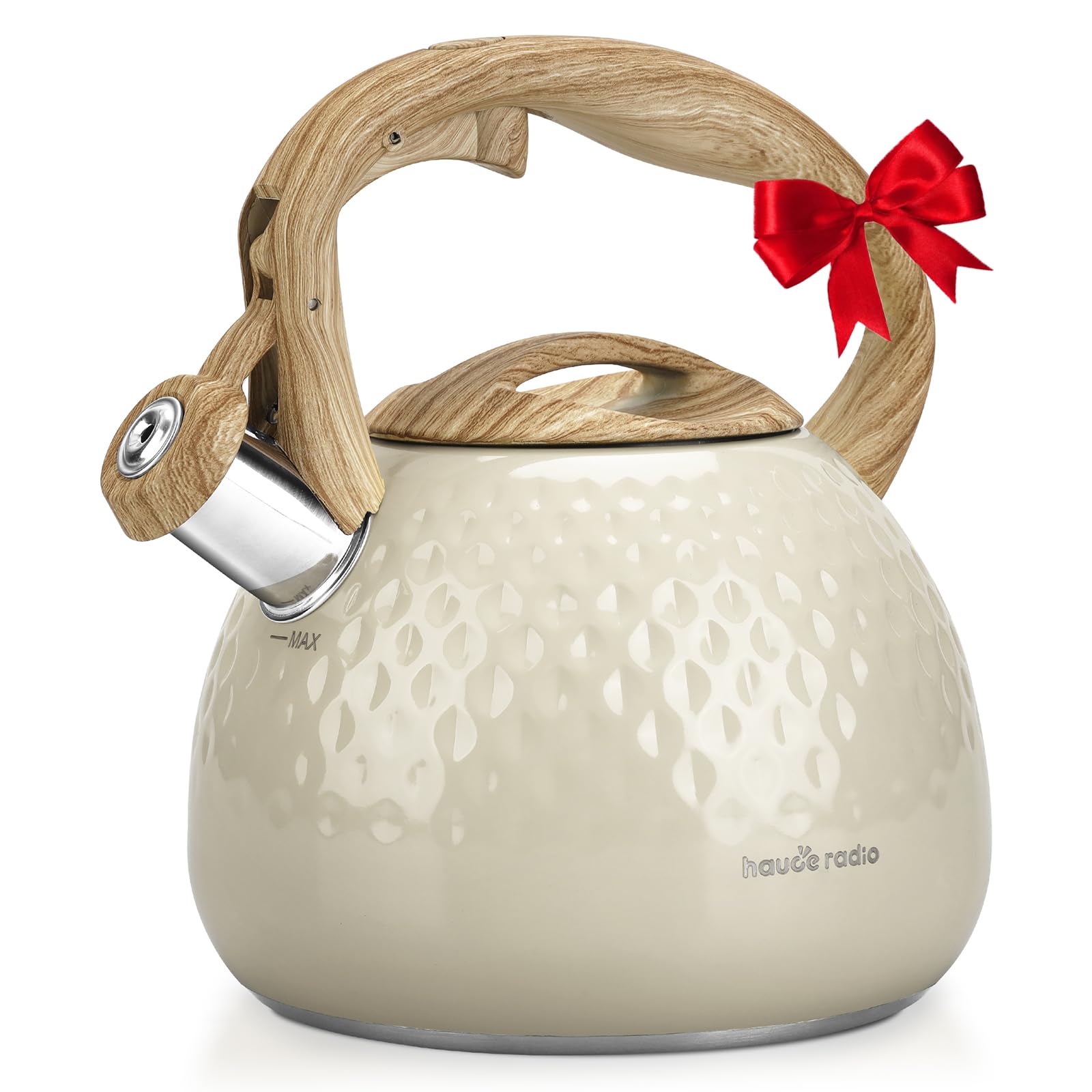 Photo 1 of Hauce Radio Tea Kettle Stovetop Teapot, 2.5 Quart Loud Whistle Food Grade Stainless Steel and Smooth Wood Pattern Handle, Sophisticated Look for Hiking, Picnic, for Tea, Coffee Milky White