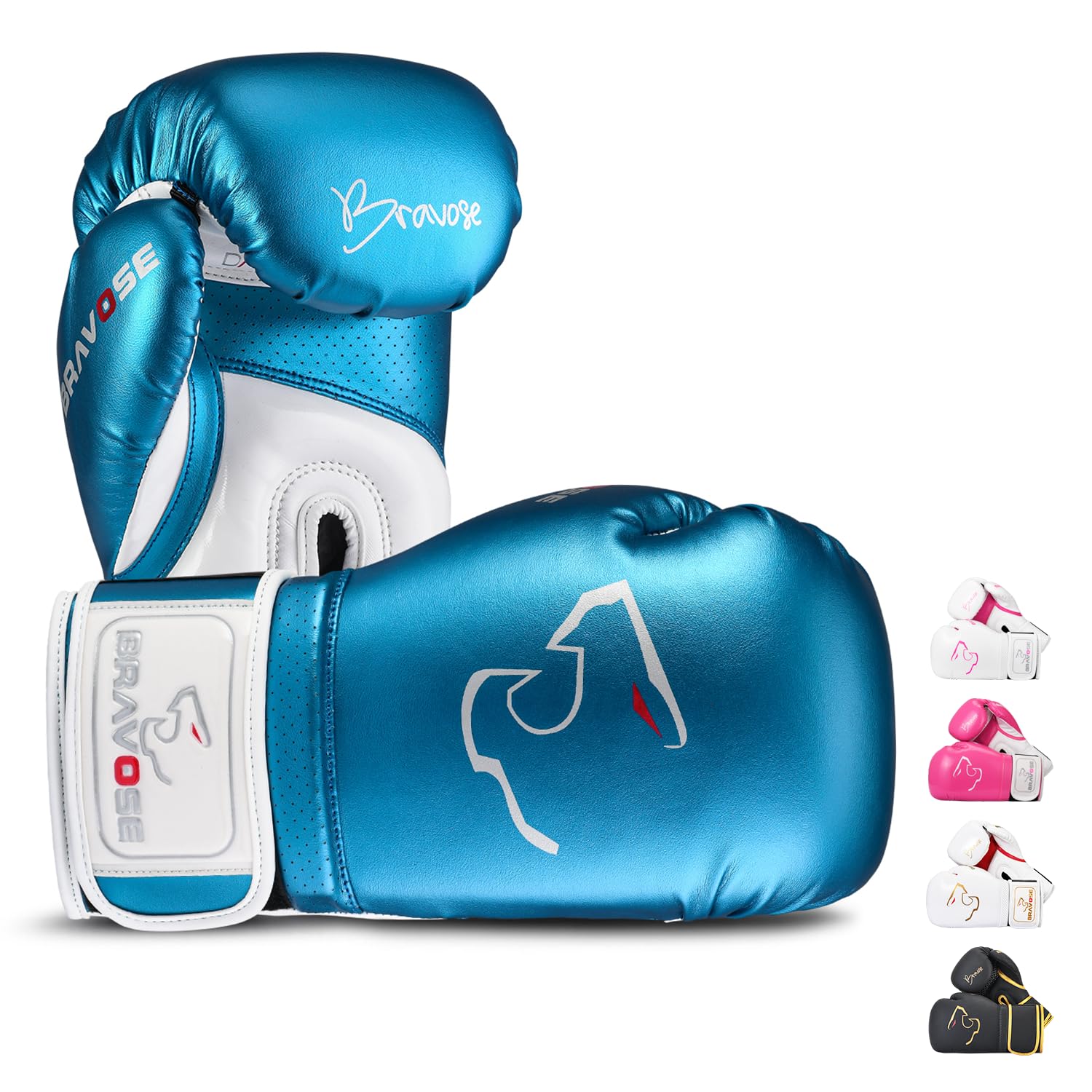 BRAVOSE Alpha Strap Boxing Gloves Mens, Women for Entry Level Boxers for Punching Bag Training & Sparring MMA Kick Boxing Muay Thai Made By Premium PU Leather Ventilated Palm (Metallic Blue, 10 Oz)