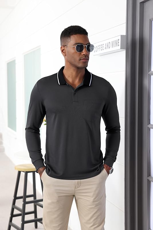 Poloshirt Herren Langarm Knopfkragen Arbeitshemd Atmungsaktiv Arbeits Poloshirts Button Down Polohemd Golf Frühling Herbst Casual Polo Hemd,Dunkelgrau,M — Foto 3 von 7