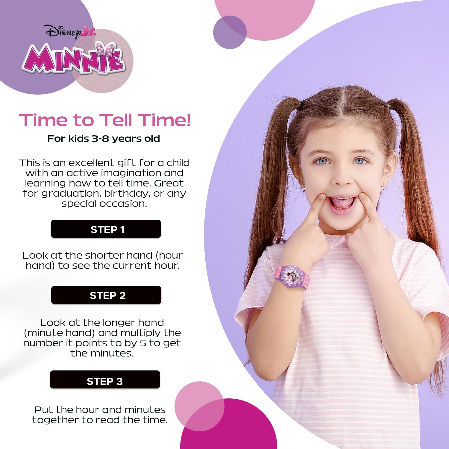 Disney Minnie Mouse Watch for Girls – Cute Minnie Mouse Watch for Toddlers & Girls – Gift Young Fans – Watches Kids 3-5 with Purple Bezel & Reversible Nylon Strap