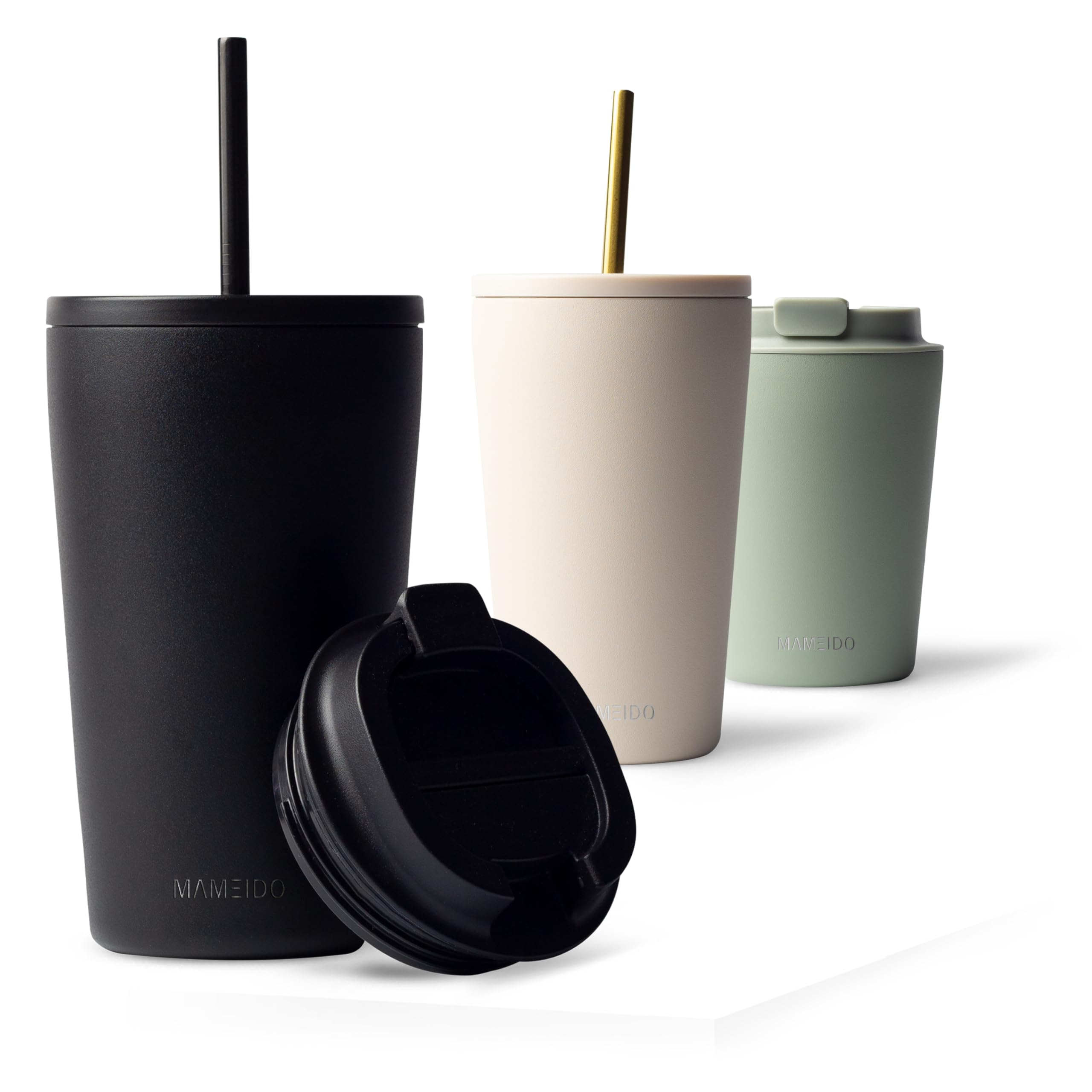 MAMEIDO Insulated Coffee Cup, Tumbler with Straw and Lid 470 ml, Leakproof Travel Mug BPA-Free, Coffee Mug for Hot & Cold Drinks (Rich Black)