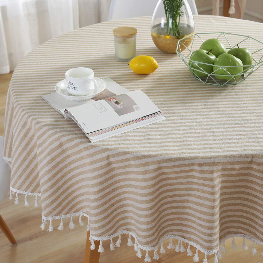 Plenmor Round Tablecloth Stripes Cotton Circular Table Cloth with Tassels for Round Table Round Table Cover for Coffee Picnic Outdoor (Round, 140cm, Beige) — image 1