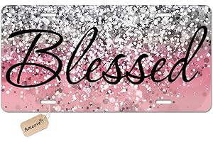 Amcove License Plate Blessed Car Tag Pink Glitter Background - Front License Plate, License Plate, Vanity Tag, Car License Plate 6 X 12 Inch