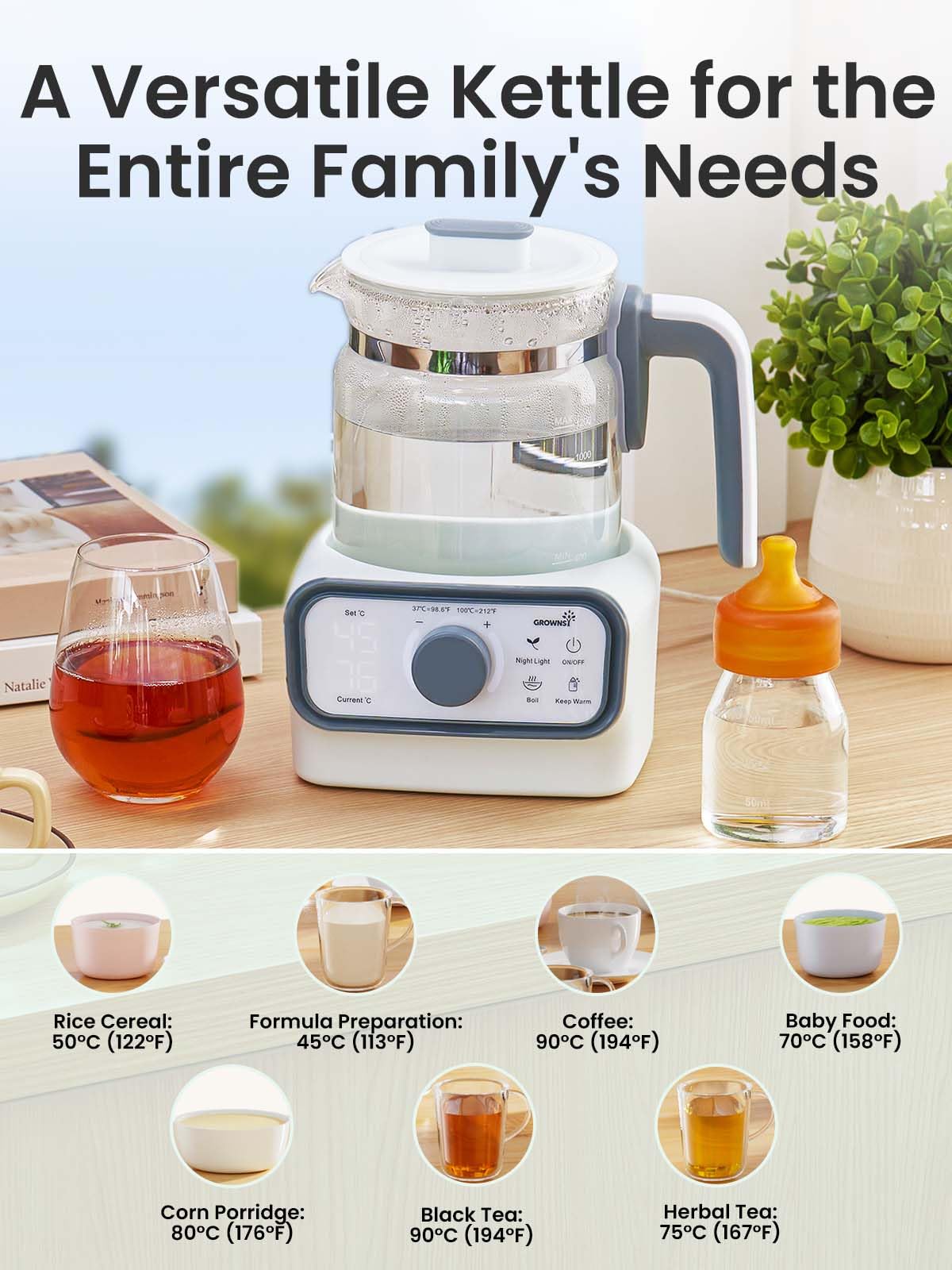 GROWNSY Baby Instant Warmer, Glass Water Boiler with Accurate Temperature Control for Formula, Coffee and Tea, 1.3 Liter Electric Kettle with LCD Display and Timer