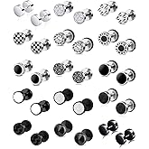 Ofeiyaa 15 Pairs Fake Gauge Earrings Stainless Steel CZ Barbell Cartilage Stud Earrings Set Plug Earrings Faux Gauges Ear Tunnel for Men Women Black Silver Plated 8mm 10mm