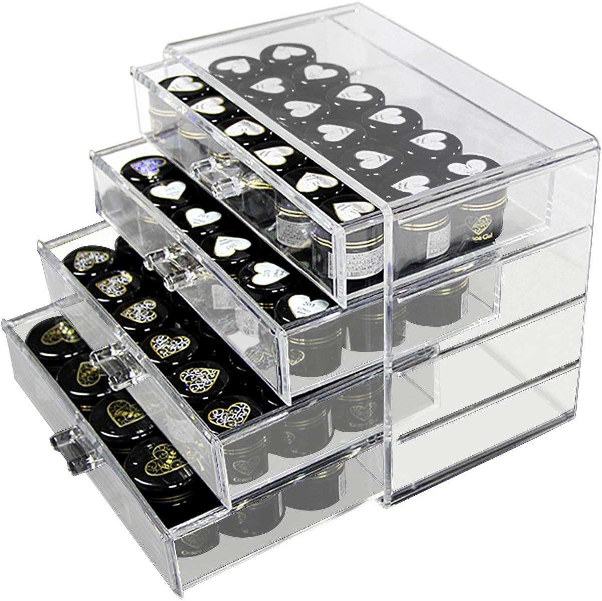 Cozihoma 4 Tier Makeup Organizer Multi-Function Acrylic Carousel Makeup Drawer Organizer Cosmetic Storage Box Fits for Lots of Cosmetics Jewelry Watches Display Cube (Cosmetic)
