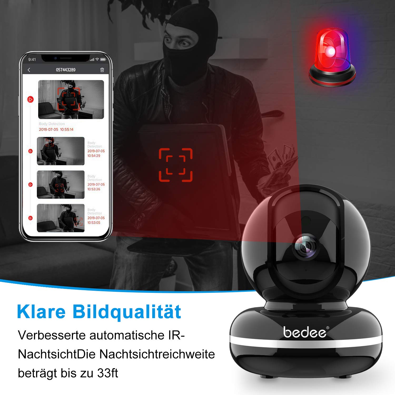 WLAN IP Kamera, bedee WiFi Überwachungskamera 1080P HD Sicherheitskamera mit Bewegungserkennung, Zwei-Wege-Audio WLAN Kamera Indoor Nachtsicht, Haustier/Home/Baby Monitor 355°/110°Schwenkbar Schwarz