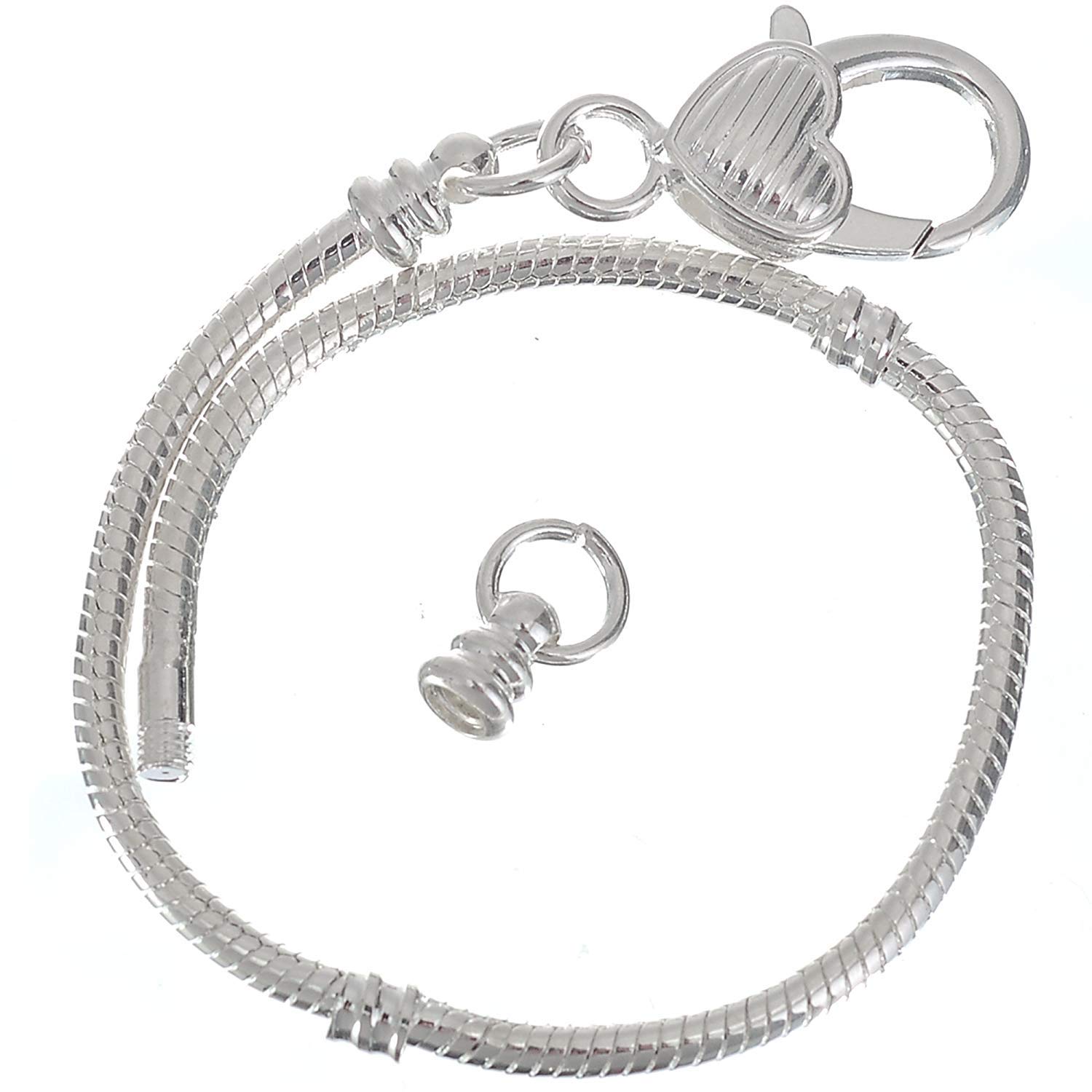 RUBYCA 10pcs White Silver Plated Heart Lobster European Snake Chain Bracelet fit Charm Beads 6.3"