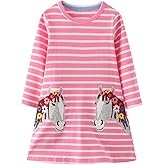 Youlebao Girls Cotton Long Sleeve Casual Cartoon Appliques Striped Jersey Dresses